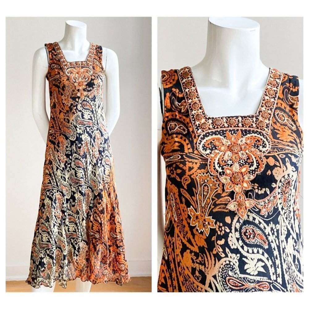Vintage Bias Cut Paisley Print Midi Dress w Beaded Detail S